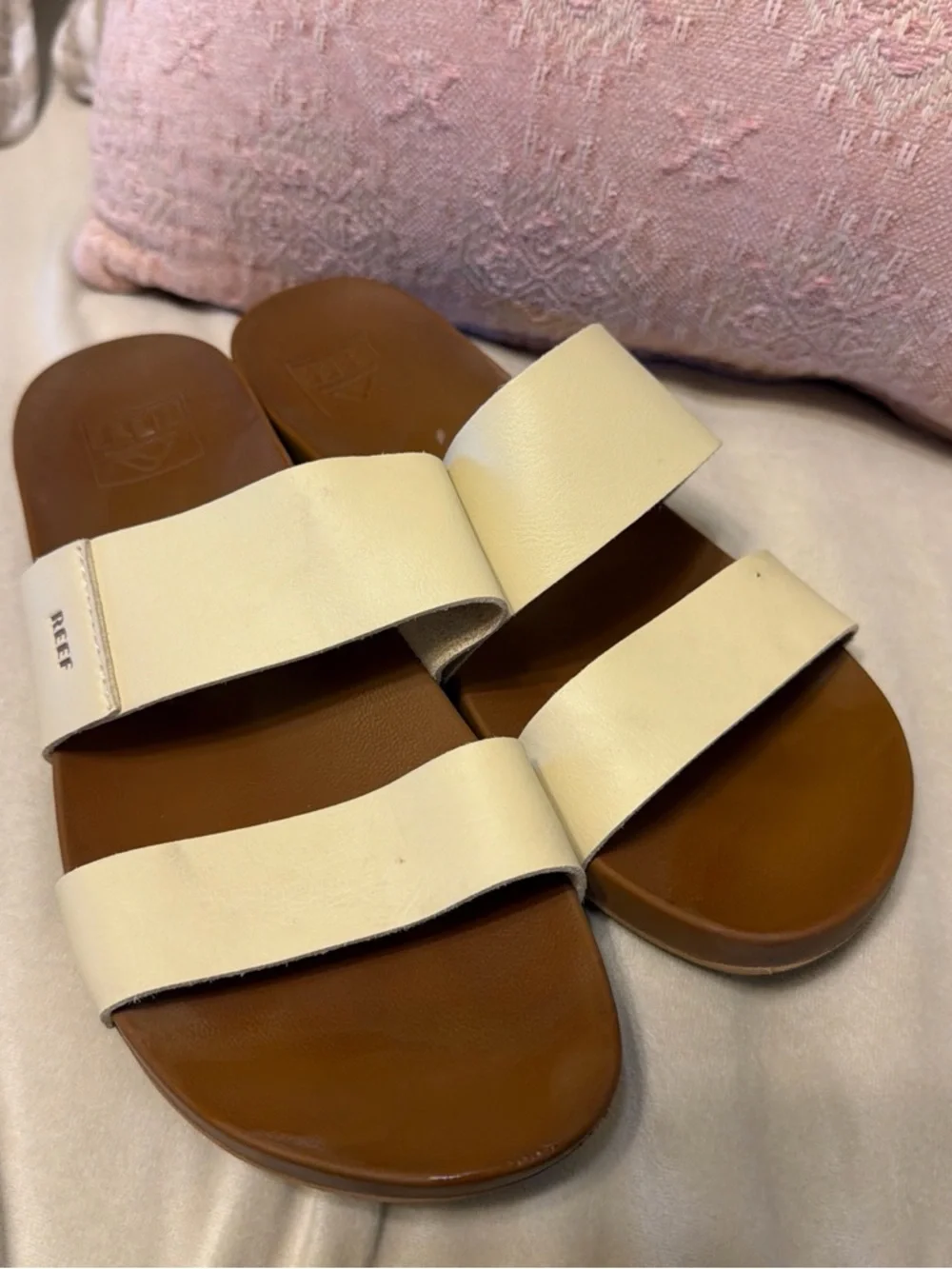 Reef Women's Cream Double-Strap Slide Sandals with Brown Footbed - Picture 1 of 3